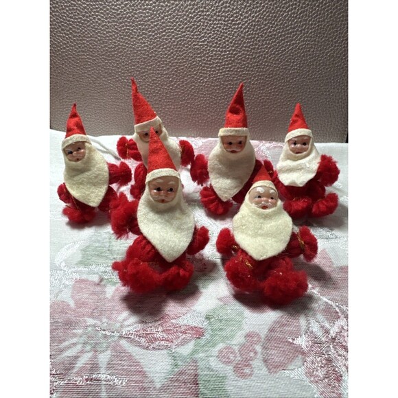 6 Vtg Yarn Spun Pom Pom Santa Christmas Ornaments Hugger Japan Pixie Decor - Picture 1 of 6